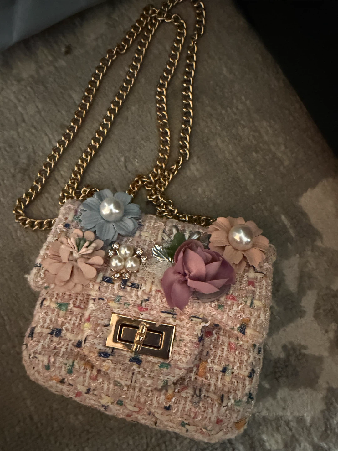 Pink Tweed Floral Mini Crossbody Bag