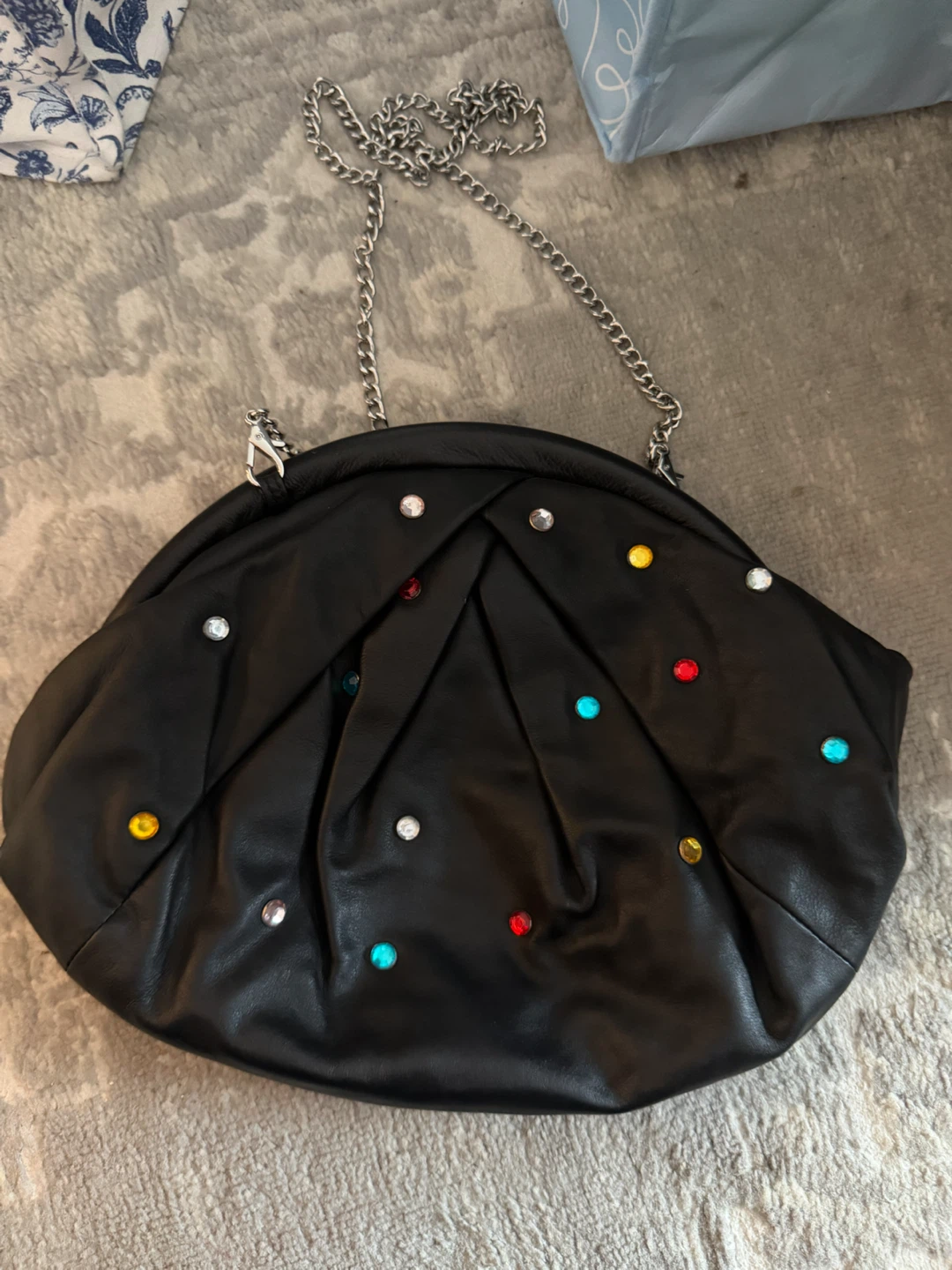 Nunoo Black Leather Handbag with Gemstone Accents