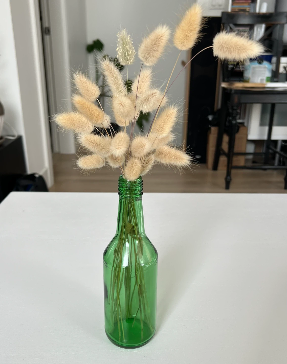 Bunny Tail grass potpourri in green bottle
