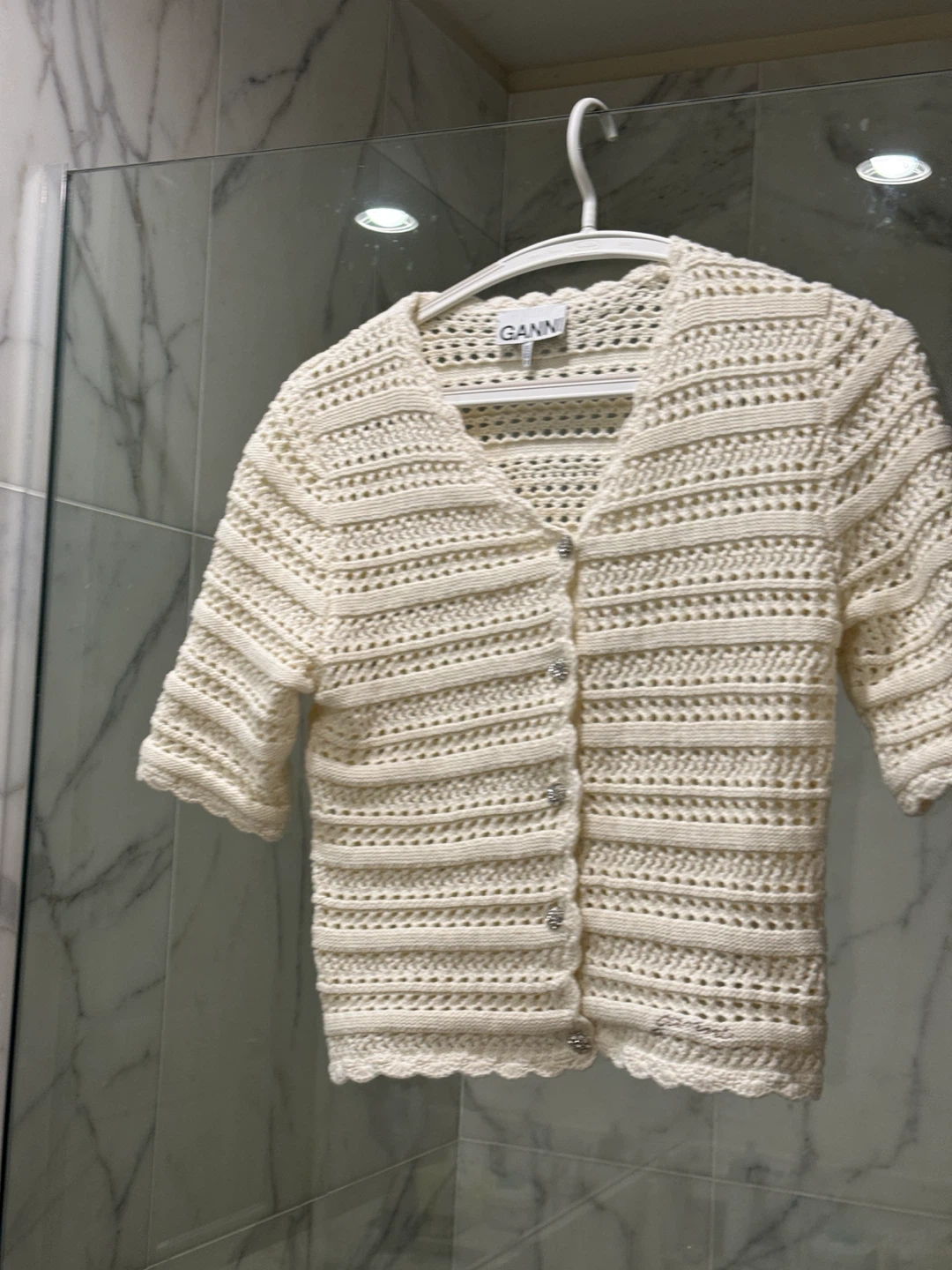 Ganni Cream Crochet Button-Down Top