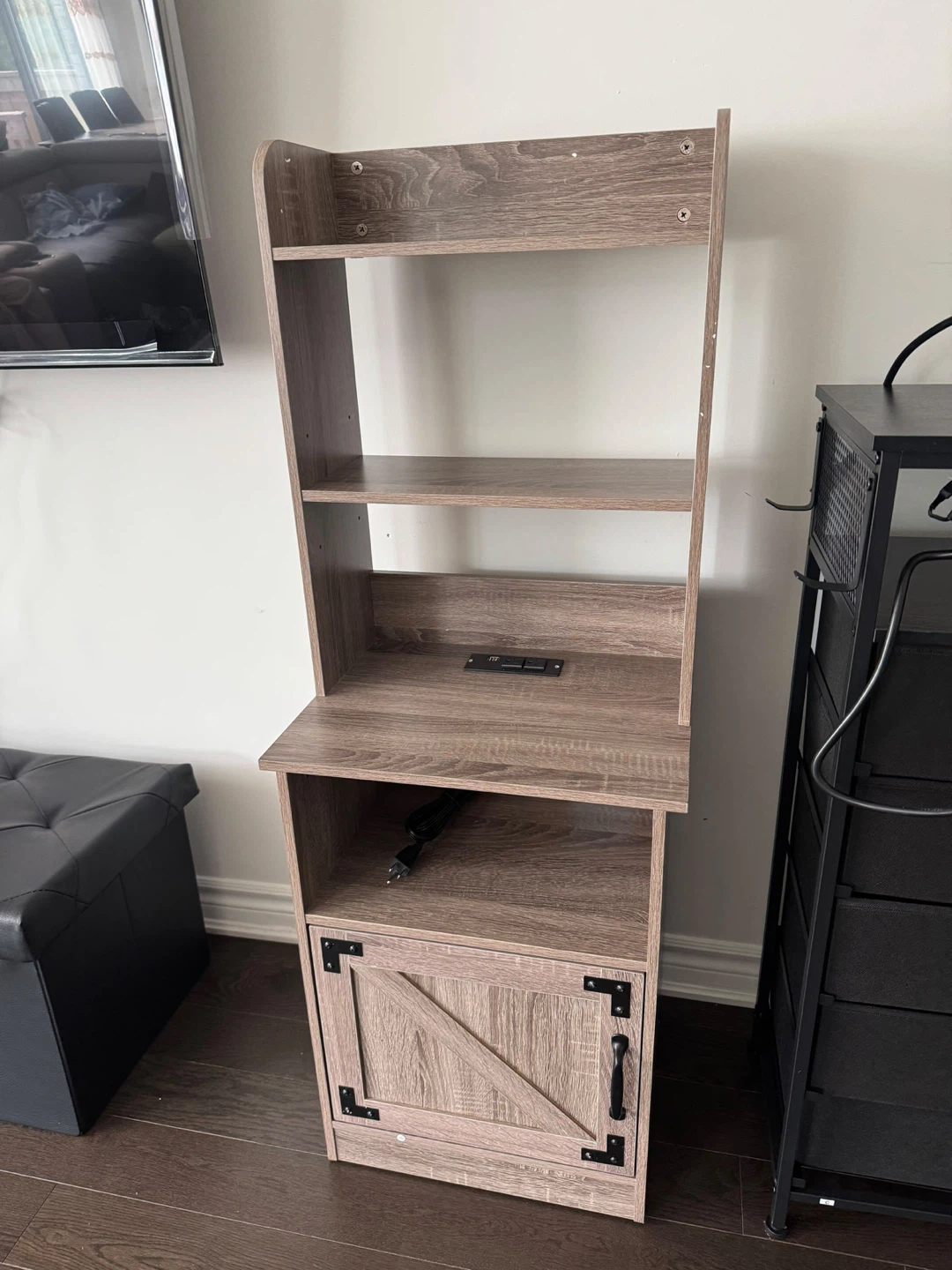 Rustic Wood Shelving Unit with Power Outlets