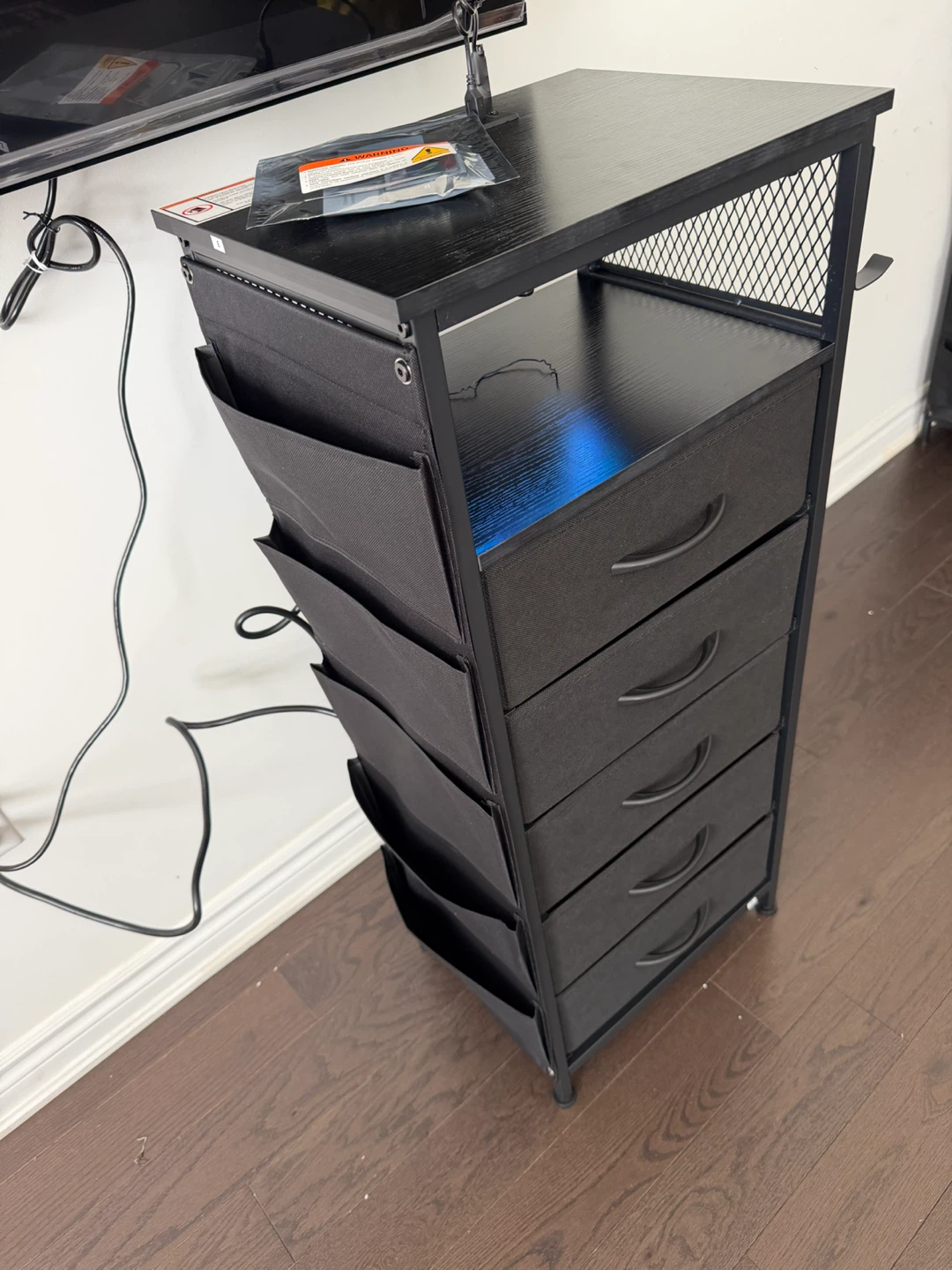 Set of 2 Black  Fabric Drawer Storage Tower with LED and Outlets