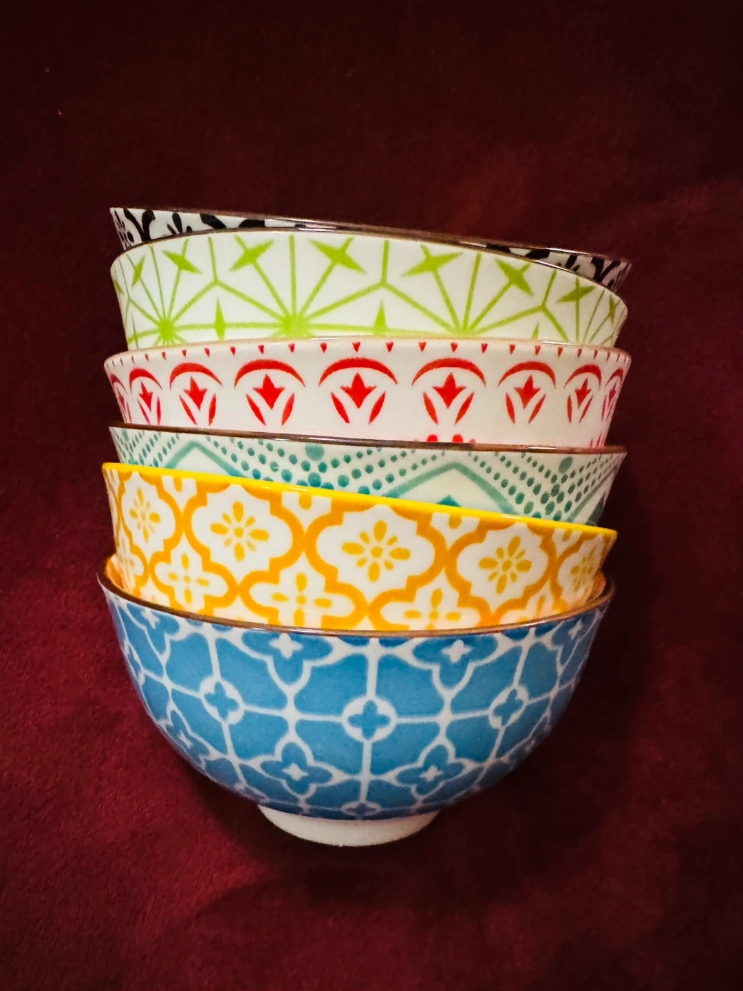 Set of 6 Colorful Patterned Ceramic Bowls
