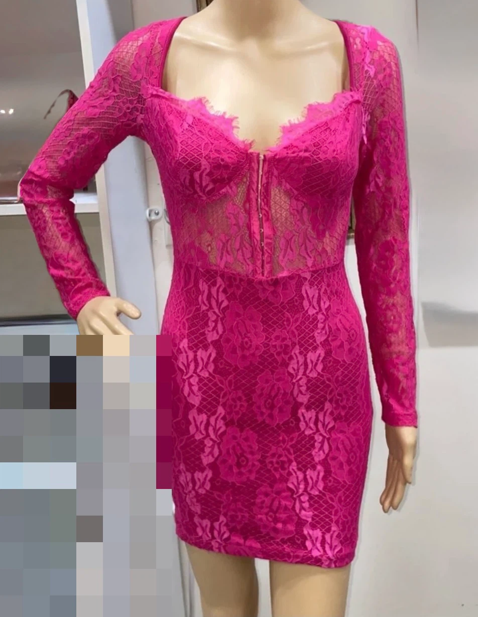 NAANAA Hot Pink Lace Long Sleeve Dress