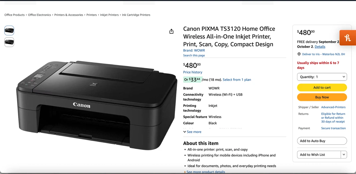 Canon PIXMA TS3120 Wireless Printer (White)