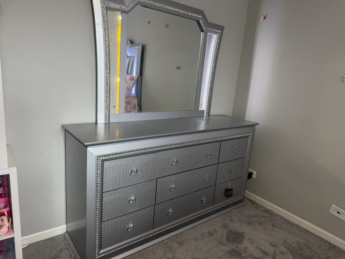 Silver Bedroom Set with LED Headboard and Dresser