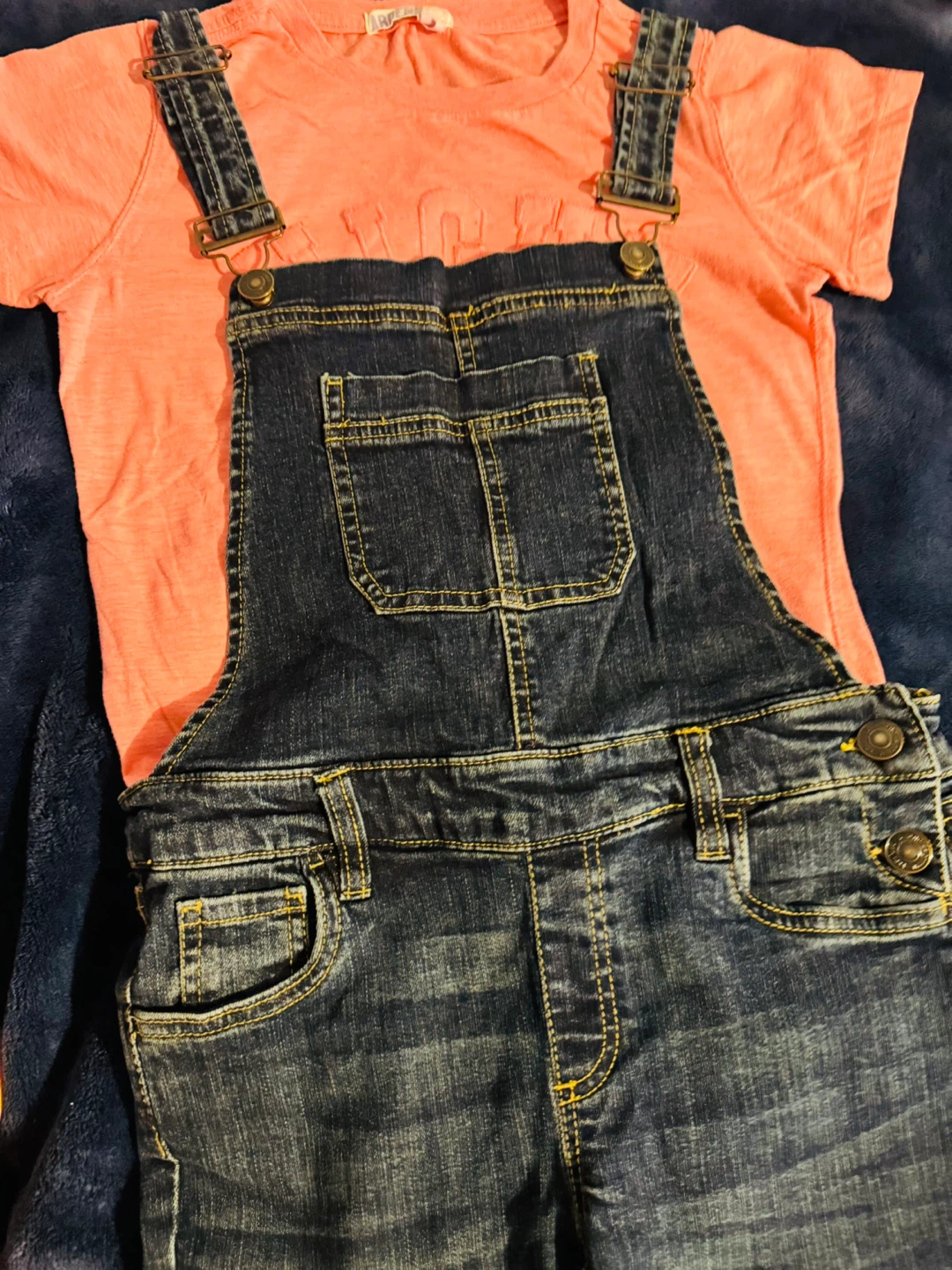 Denim Overalls  skinny jeans and Peach T-Shirt