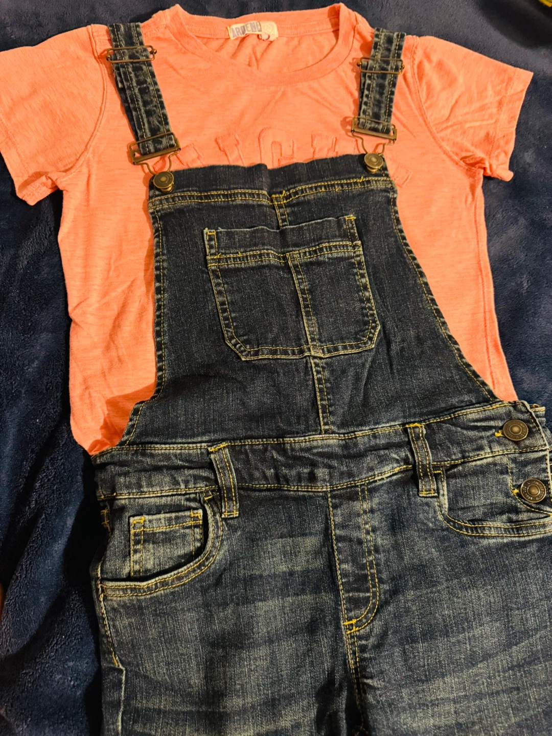 Denim Overalls  skinny jeans and Peach T-Shirt - photo 2