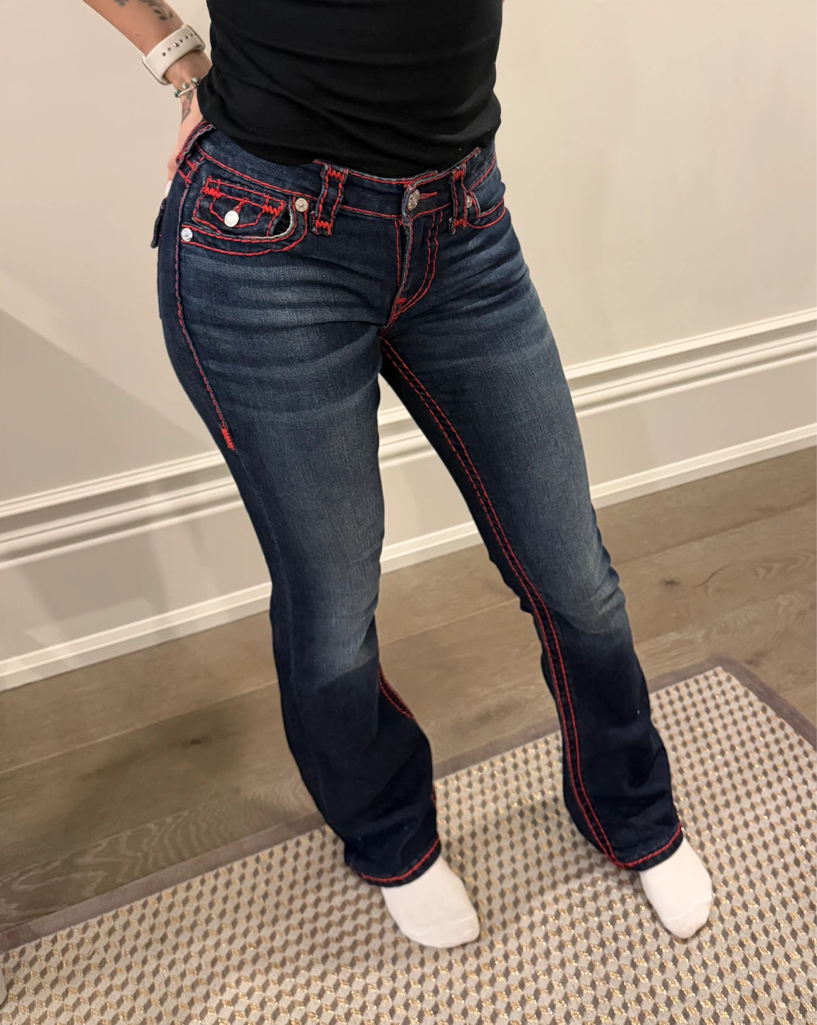 True Religion Red Stitch Rhinestone Bootcut Jeans Size 25
