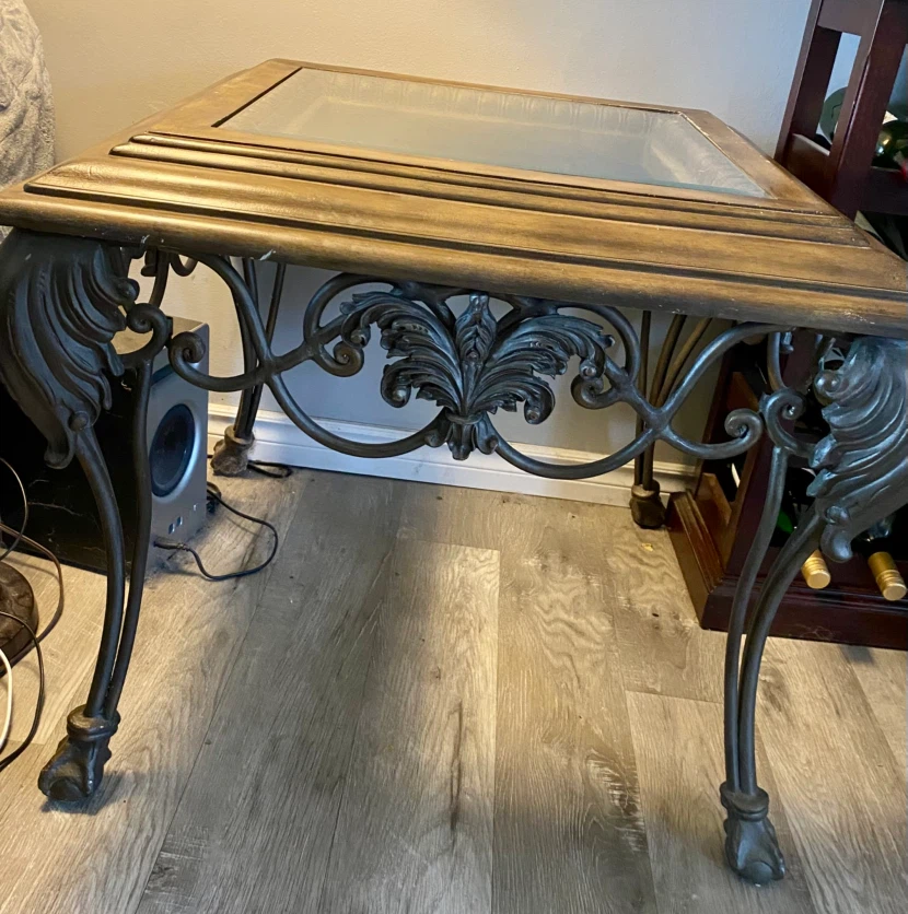 Vintage style square side table with glass top