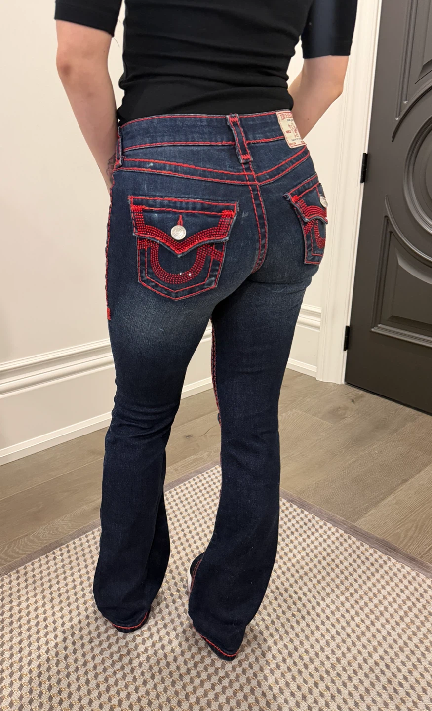 True Religion Red Stitch Rhinestone Bootcut Jeans Size 25 - photo 2