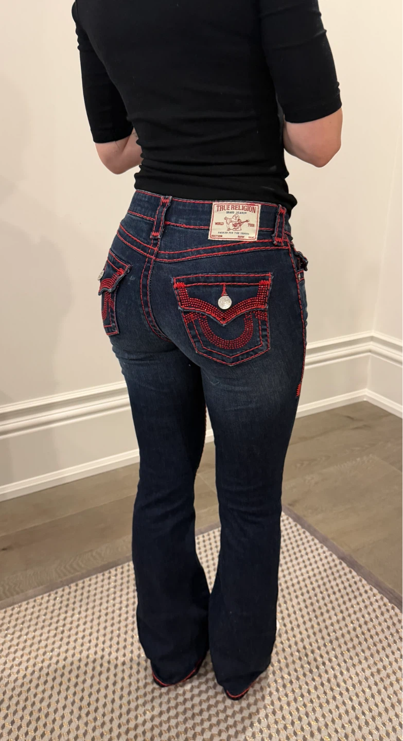 True Religion Red Stitch Rhinestone Bootcut Jeans Size 25 - photo 3