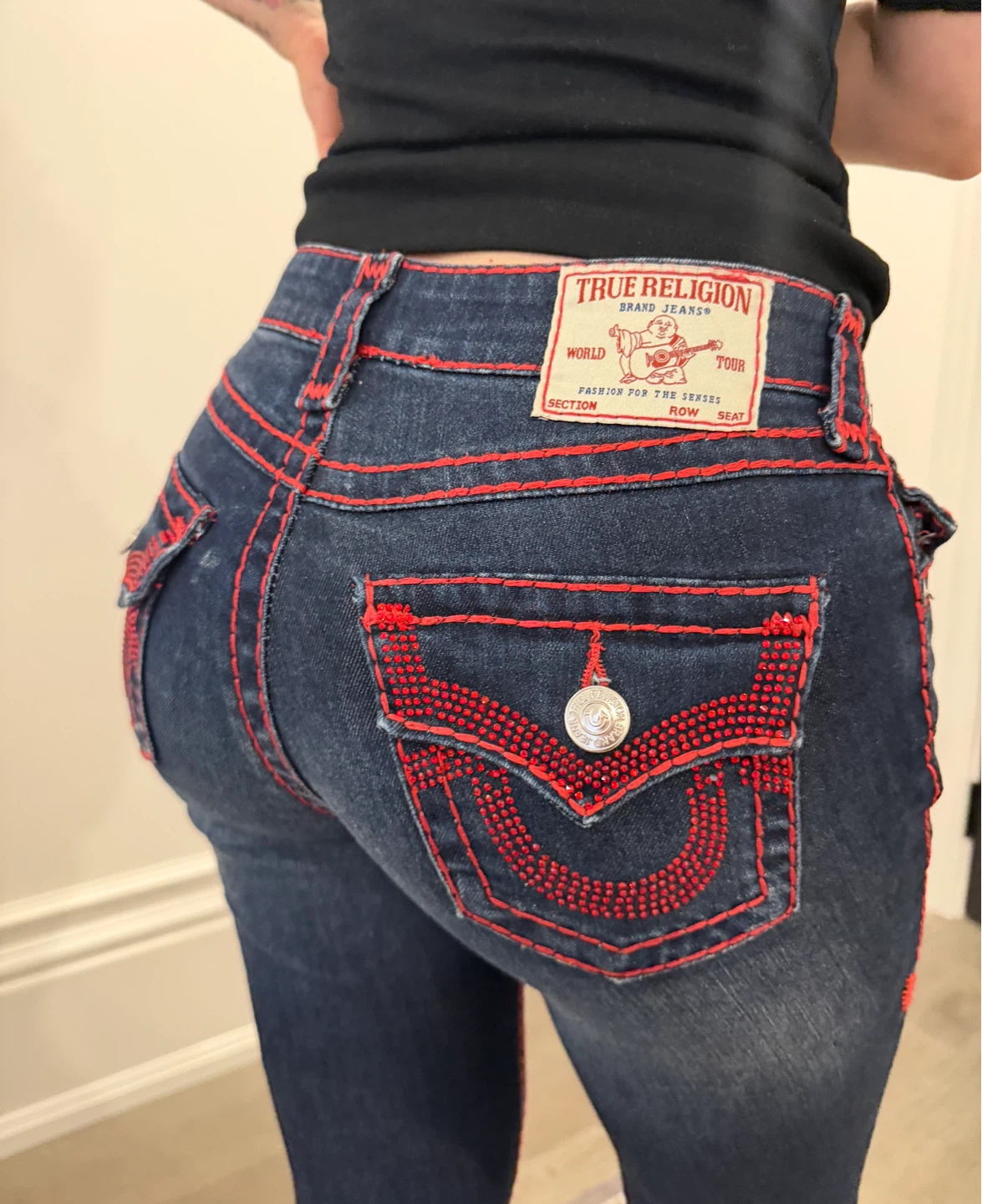 True Religion Red Stitch Rhinestone Bootcut Jeans Size 25 - photo 4