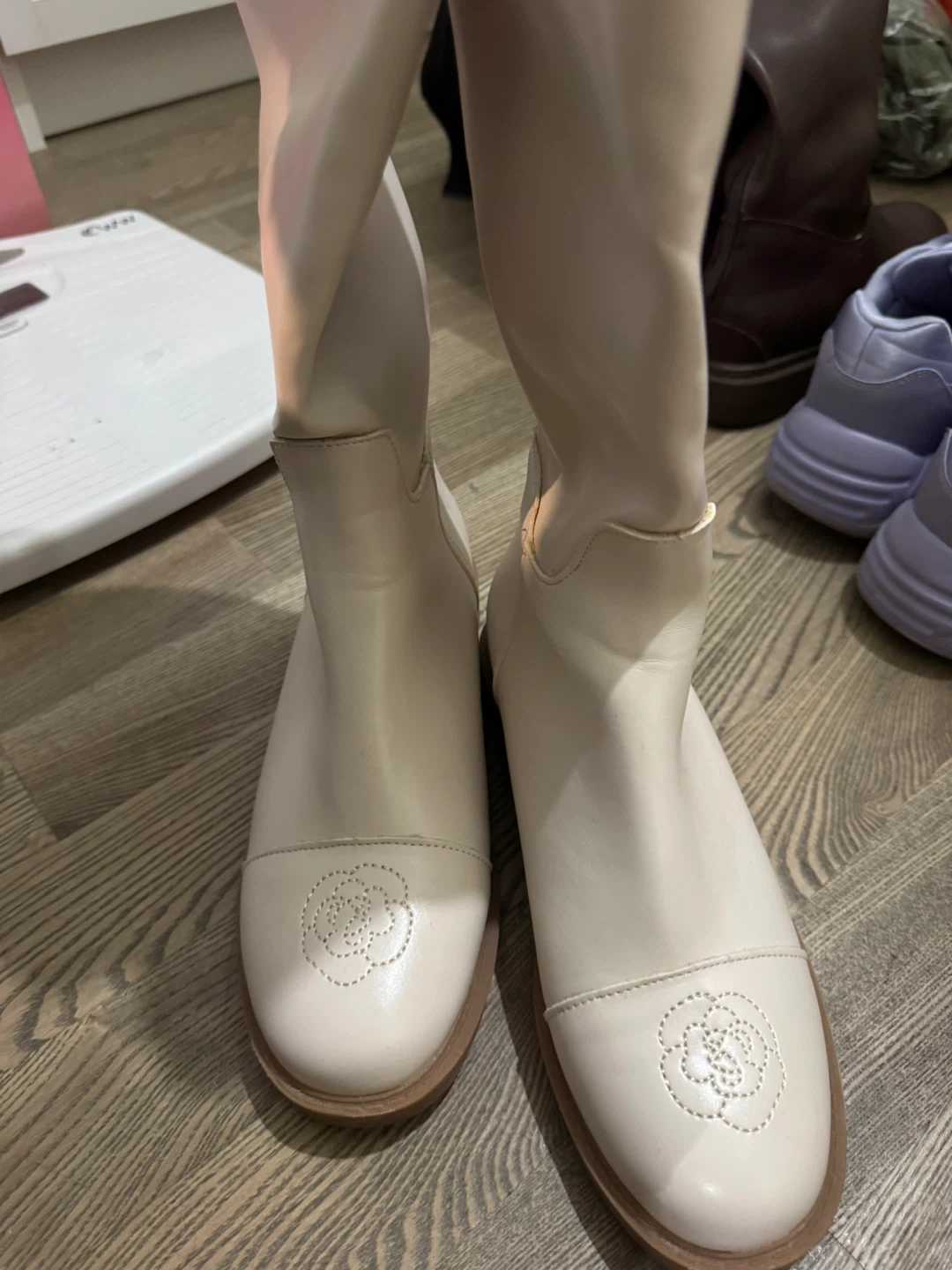 Size 37- White Faux Leather Mid-Calf Boots
