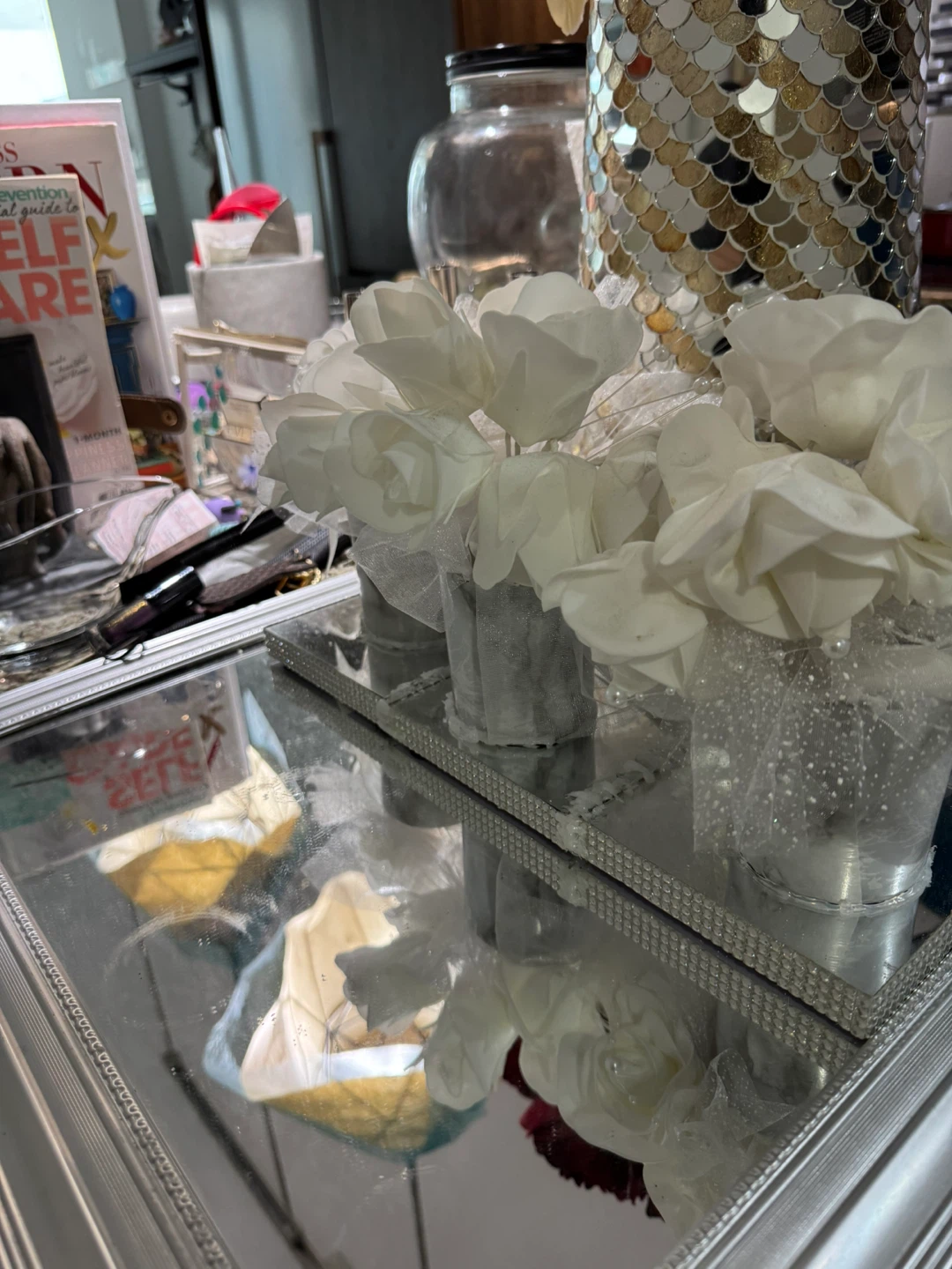 Decorative Mirrored Tray with Faux White Flowers