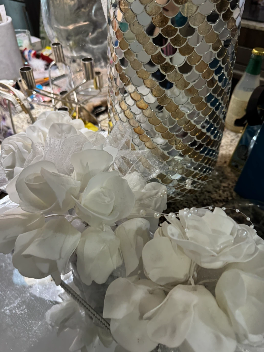 Decorative Mirrored Tray with Faux White Flowers - photo 2