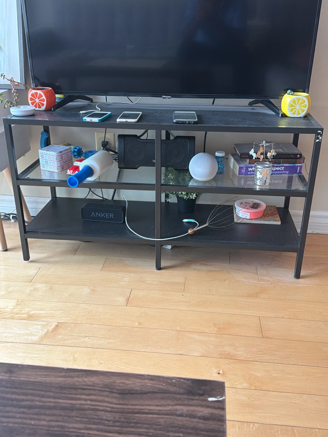 Black Metal TV Stand with Glass Shelves