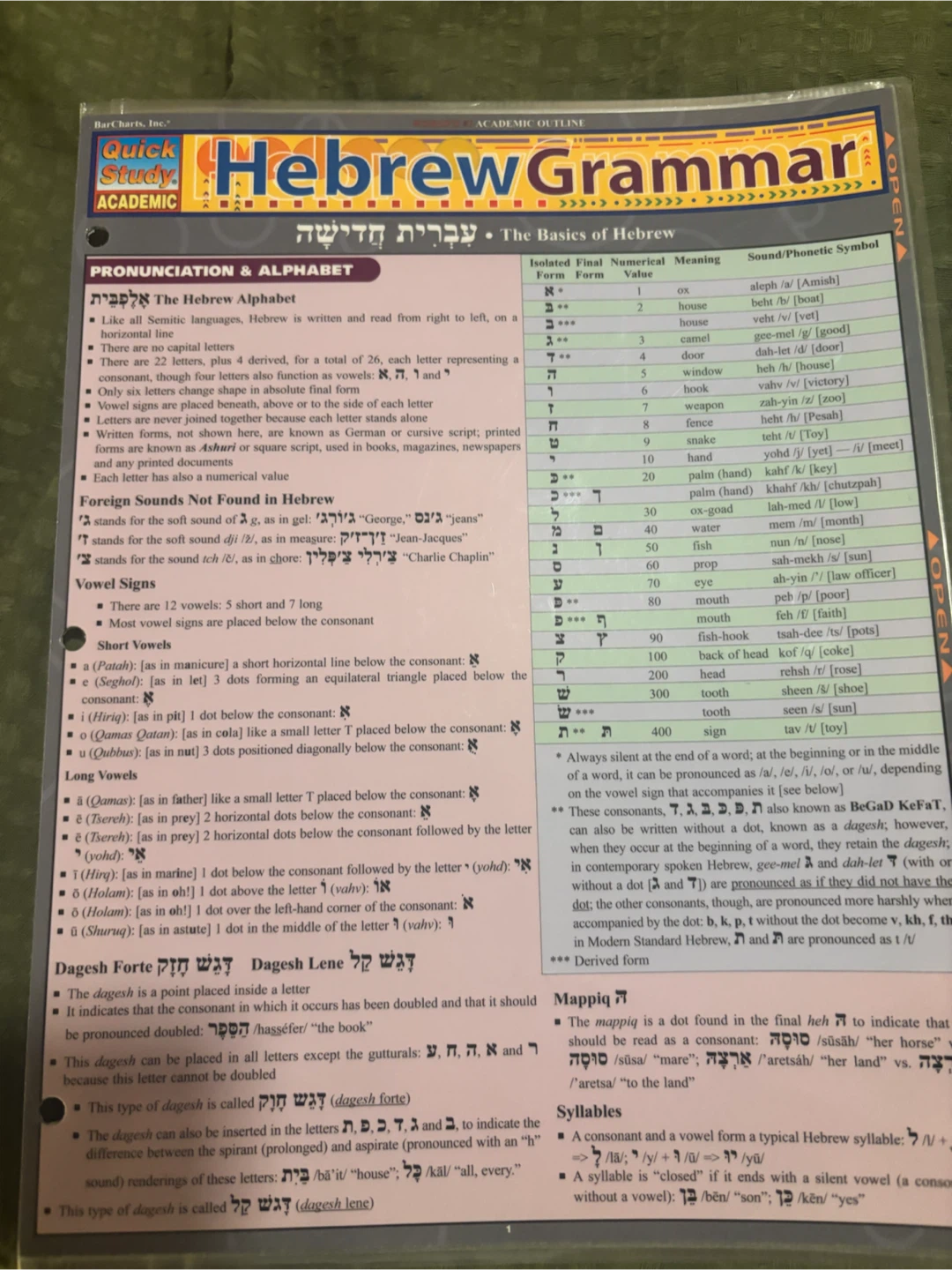 QuickStudy Hebrew Grammar and Vocabulary Laminated Guide