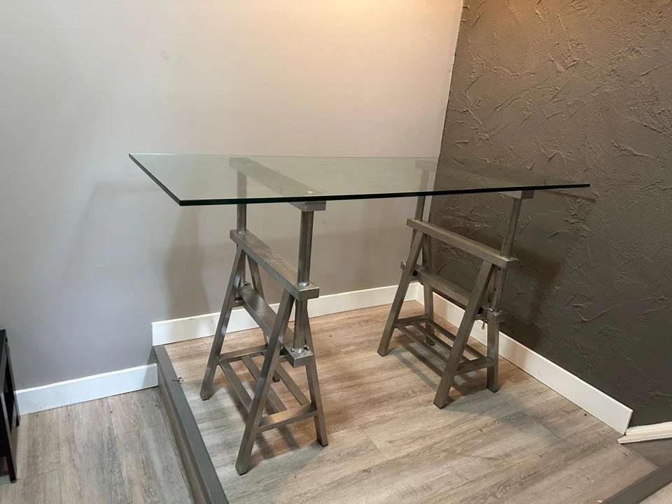 Industrial Glass Desk with Metal Trestle Legs