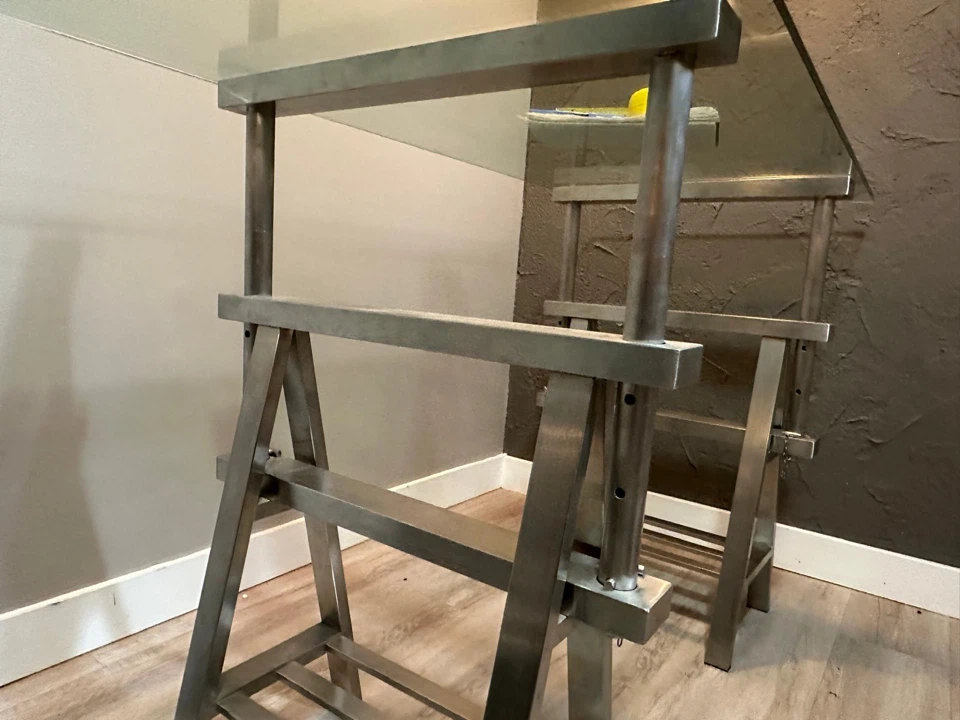 Industrial Glass Desk with Metal Trestle Legs - photo 2