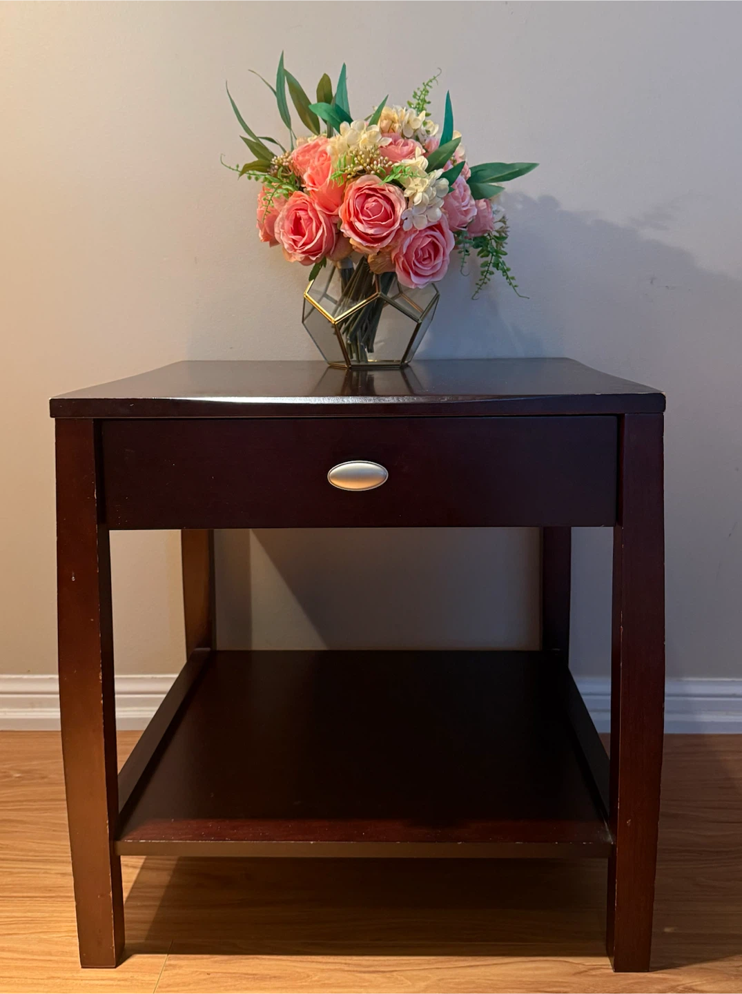 Solid Wood Dark Espresso End Table w/ Drawer & Bottom Shelf