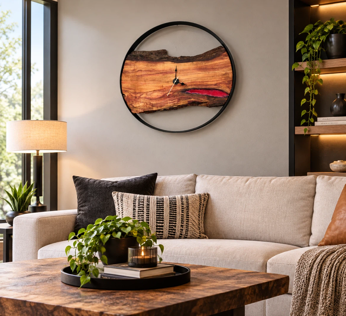 Live Edge Wood Wall Clock with Red Resin
