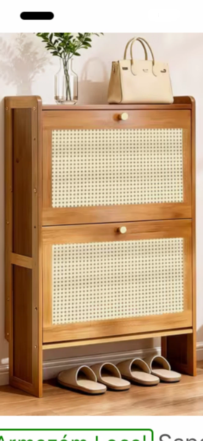 Wooden Shoe Cabinet with Rattan Details