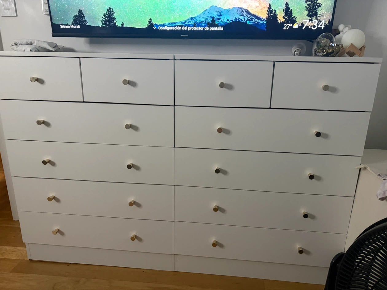 White 6-Drawer Dresser with Gold Knobs