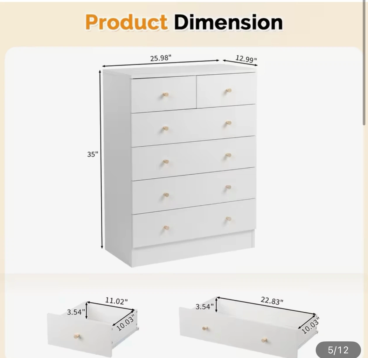 White 6-Drawer Dresser with Gold Knobs - photo 2