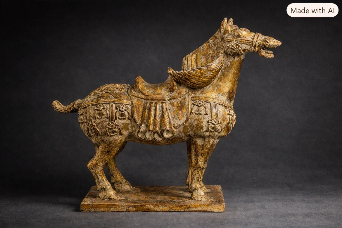 Tang‑Style Gilt‑Carved Wooden War Horse sculpture