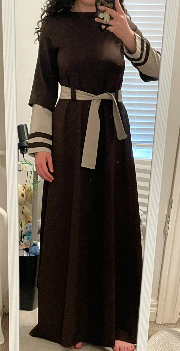 Long Brown Maxi Dress with Beige Belt and Cuffs