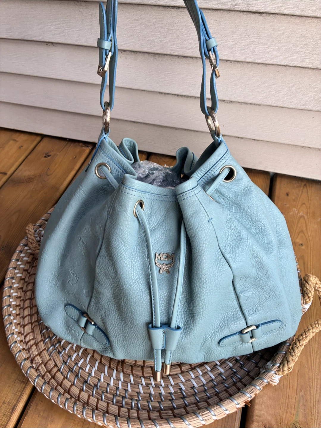 Mcm hobo bucket bag light blue