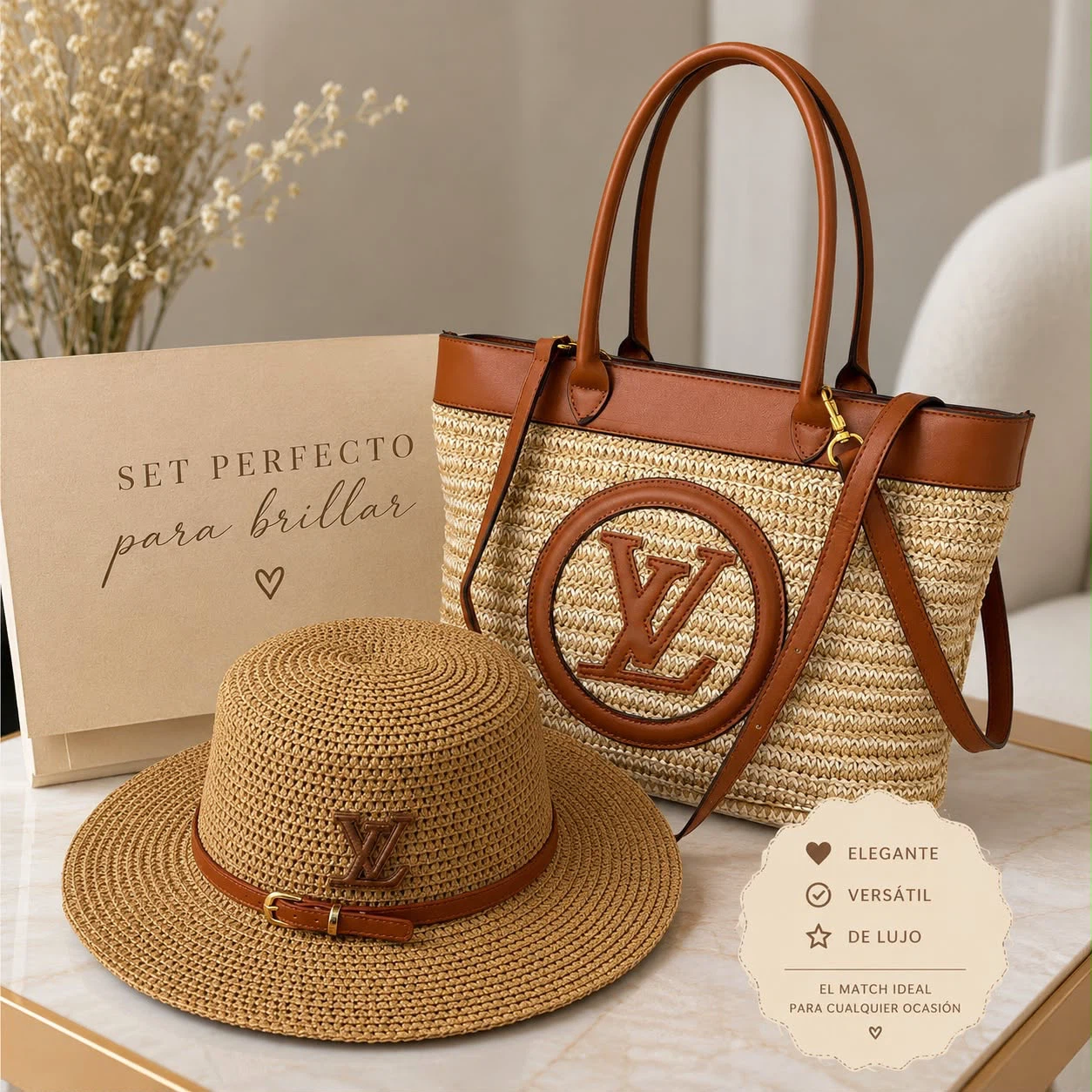 Louis Vuitton Straw Tote Bag and Hat Set