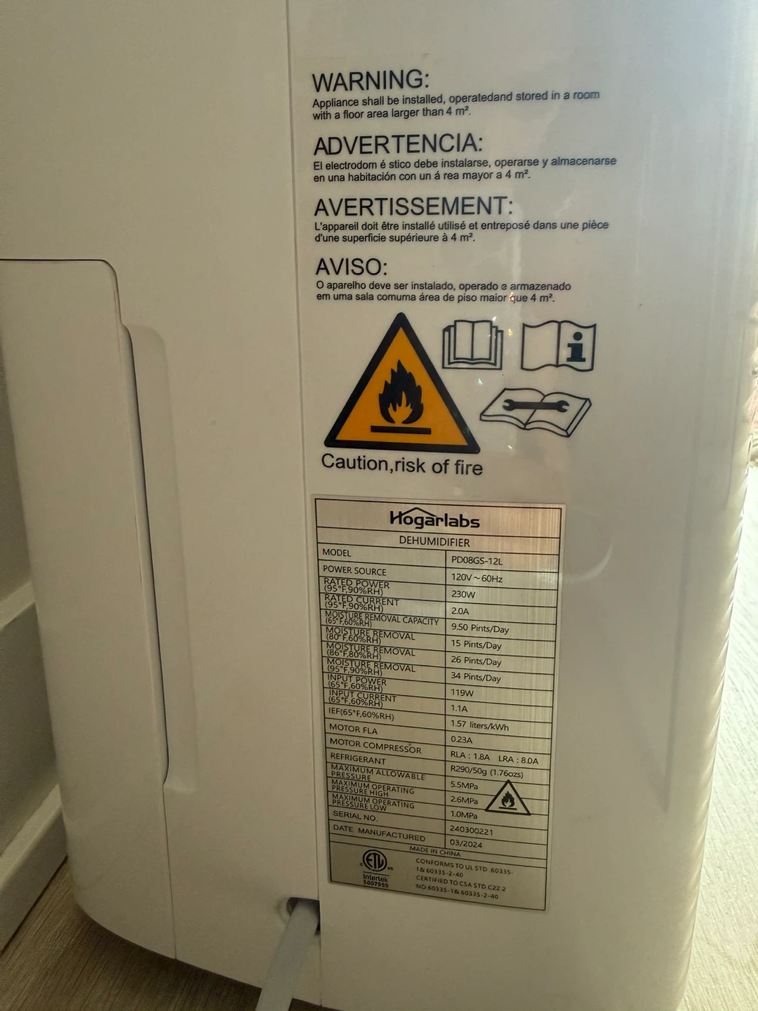 Hogarlabs Dehumidifier Model PD08GS-12L