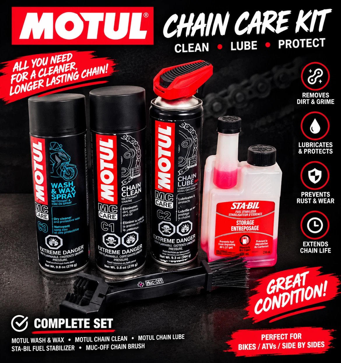 Motul Chain Care Kit with Sta-Bil and Muc-Off Brush