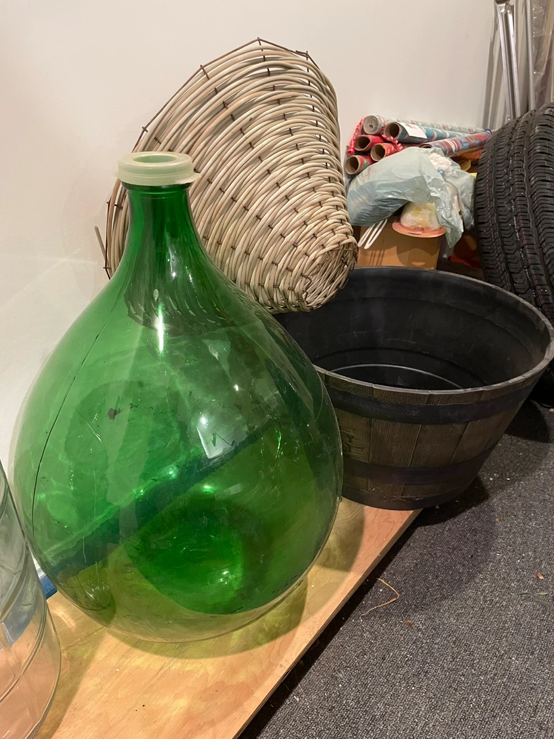 Large Green Glass Carboy with Wicker Basket