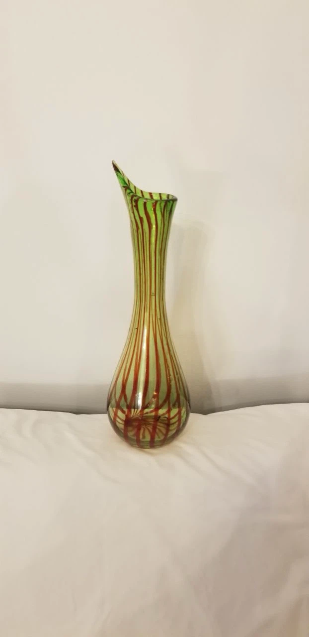 Vintage Green and Red Striped Glass Vase