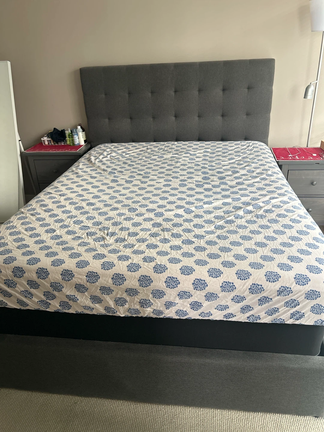 Dark Grey Upholstered Queen Bed with box spring.