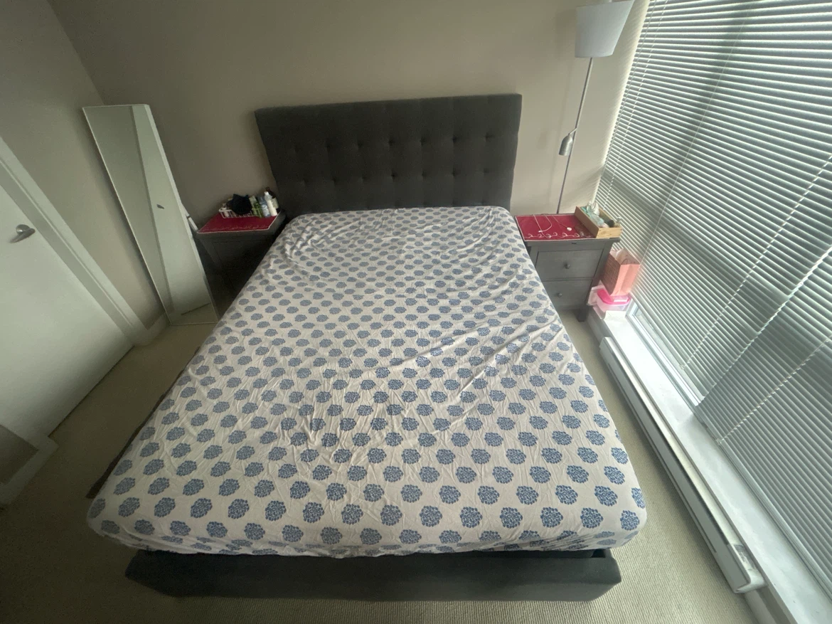 Dark Grey Upholstered Queen Bed with box spring. - photo 3