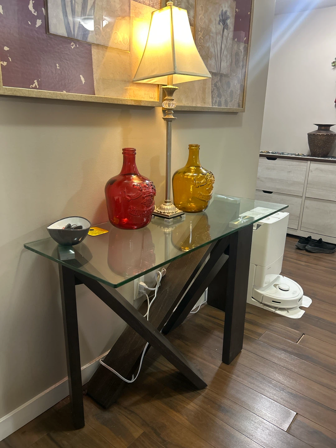 Glass top console table with dark wood frame - photo 2
