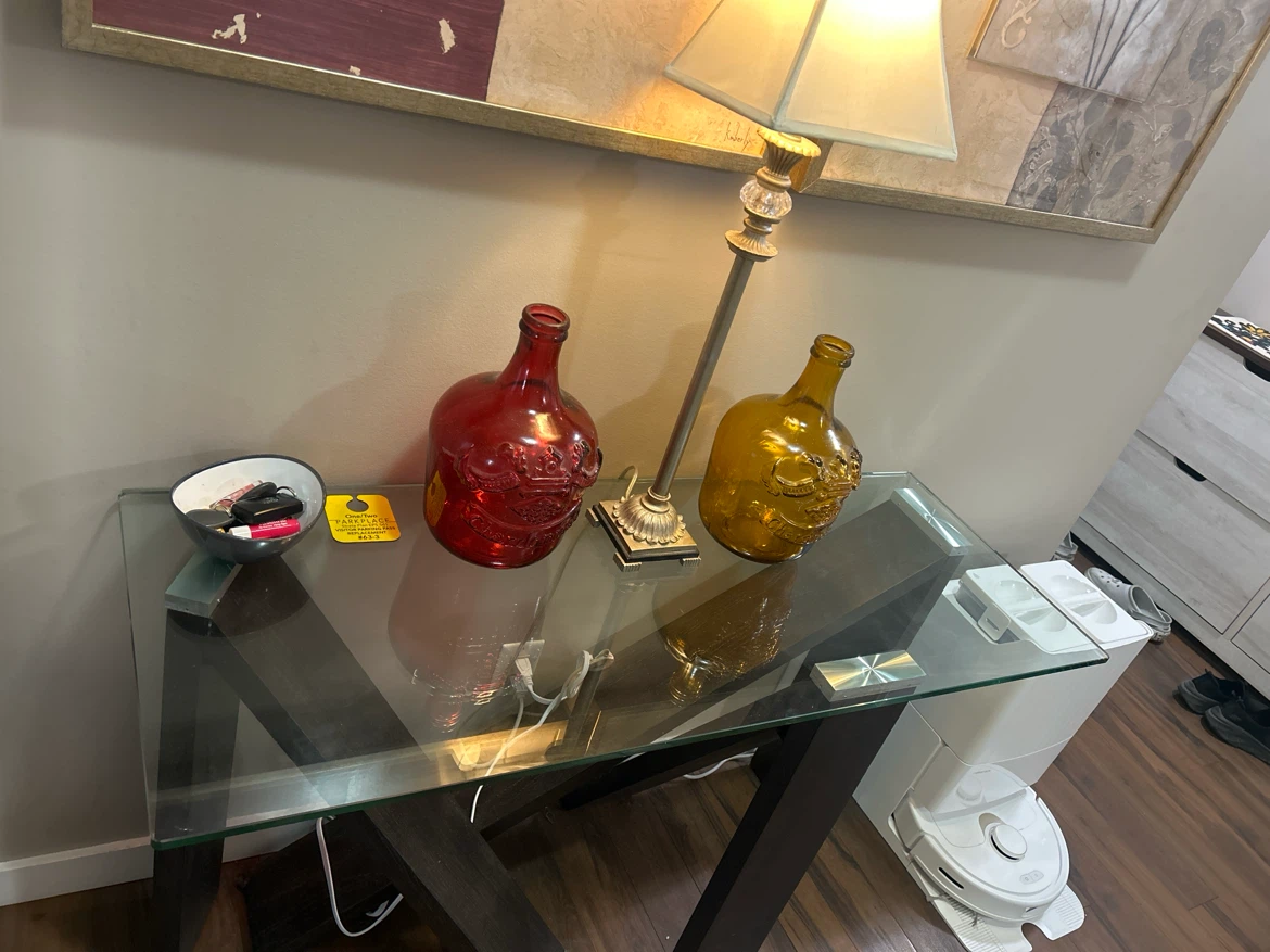 Glass top console table with dark wood frame - photo 3