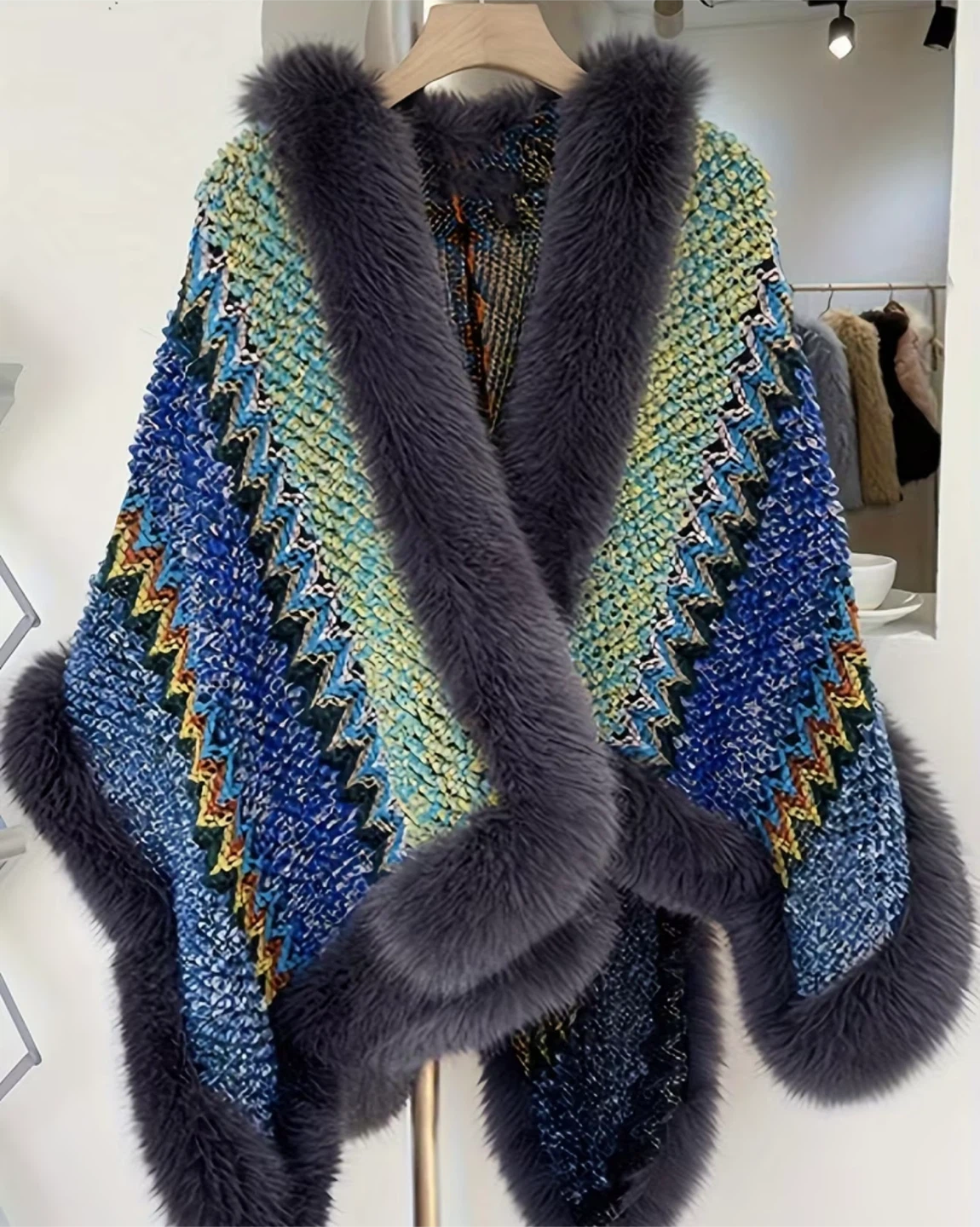 Faux Fur Trimmed Knit Poncho