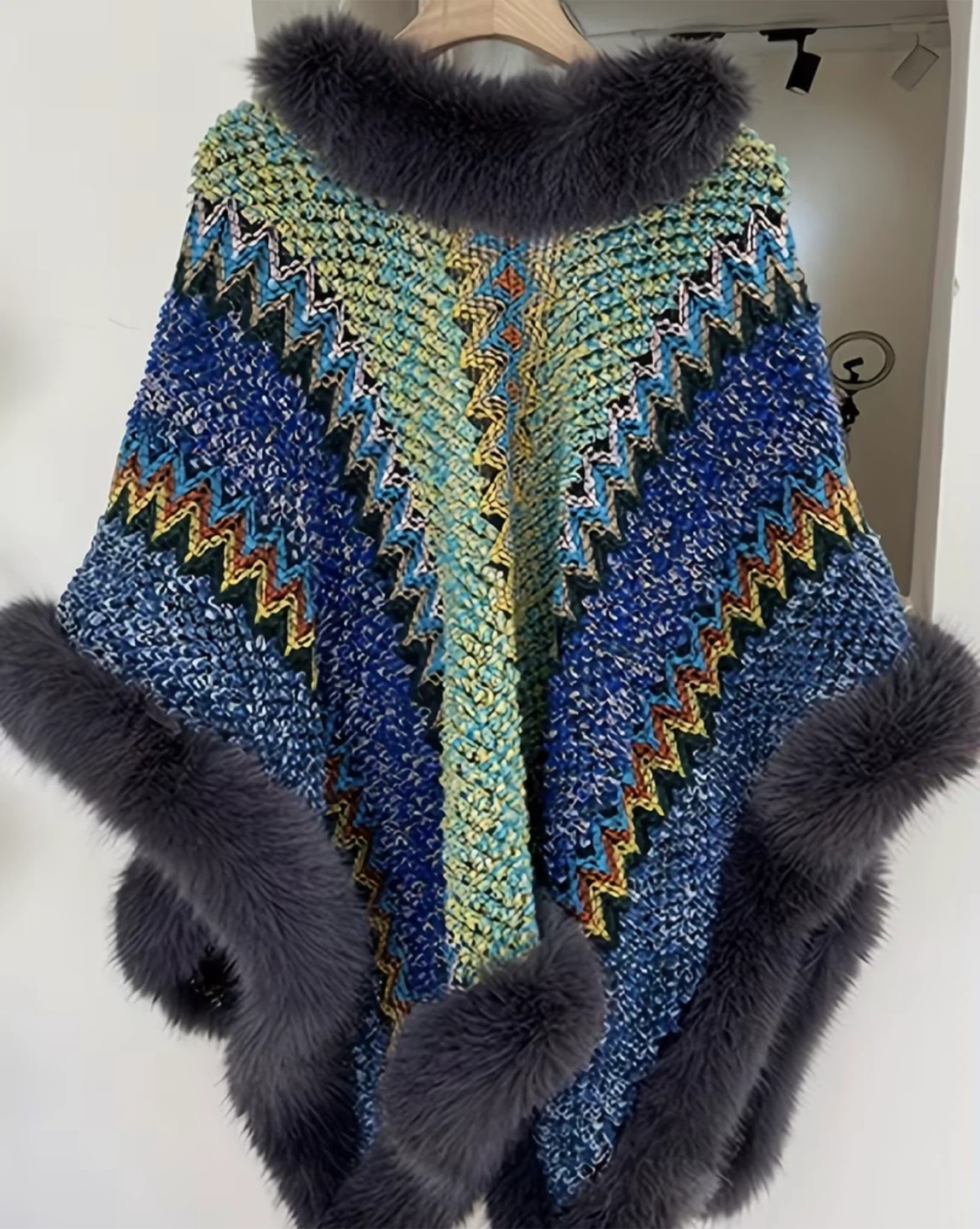 Faux Fur Trimmed Knit Poncho - photo 2