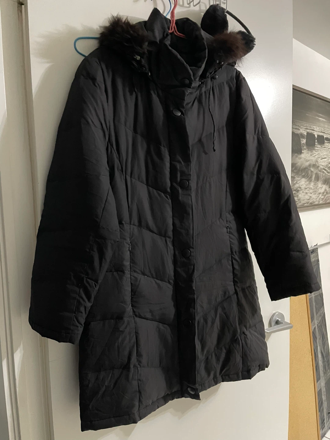 Black winter puffer coat with hood