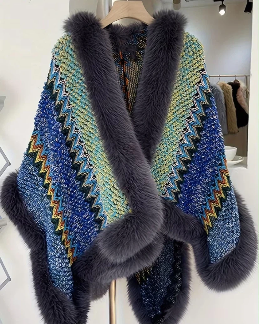 Faux Fur Trimmed Knit Patterned Poncho