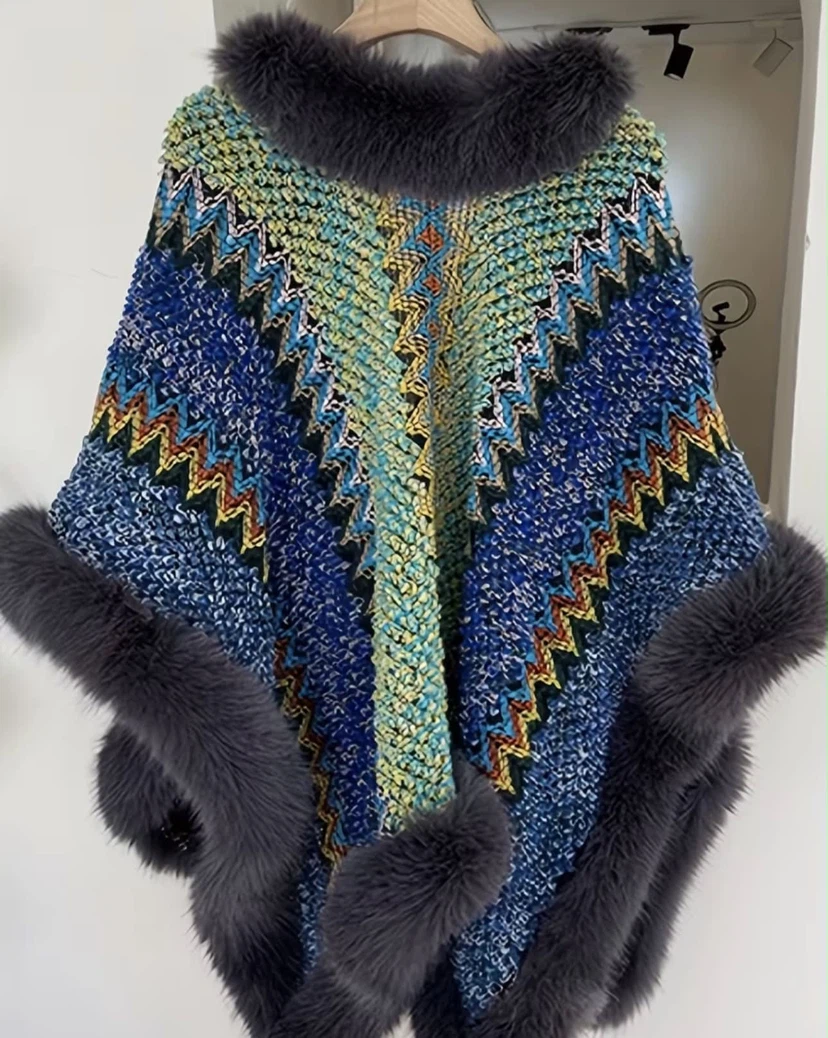 Faux Fur Trimmed Knit Patterned Poncho - photo 2
