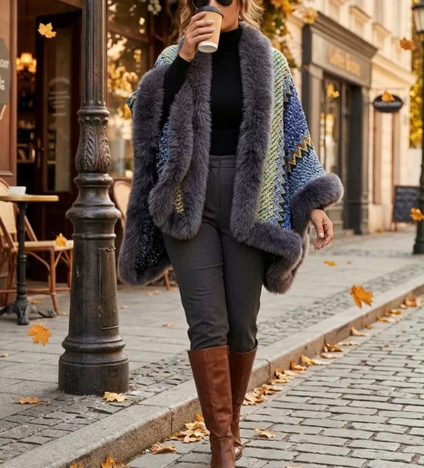 Faux Fur Trimmed Knit Patterned Poncho - photo 3