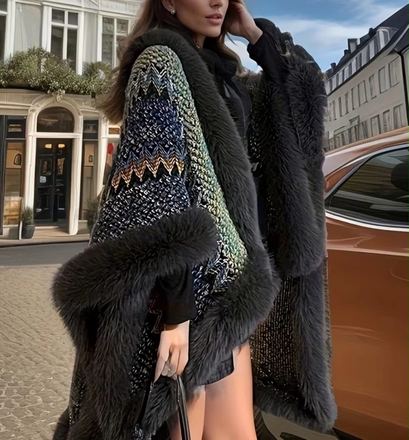 Faux Fur Trimmed Knit Patterned Poncho - photo 4
