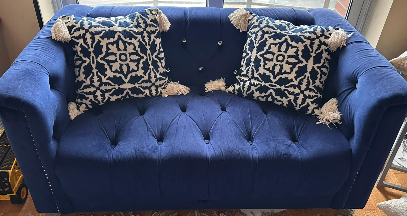Navy Blue Velvet Loveseat and chair