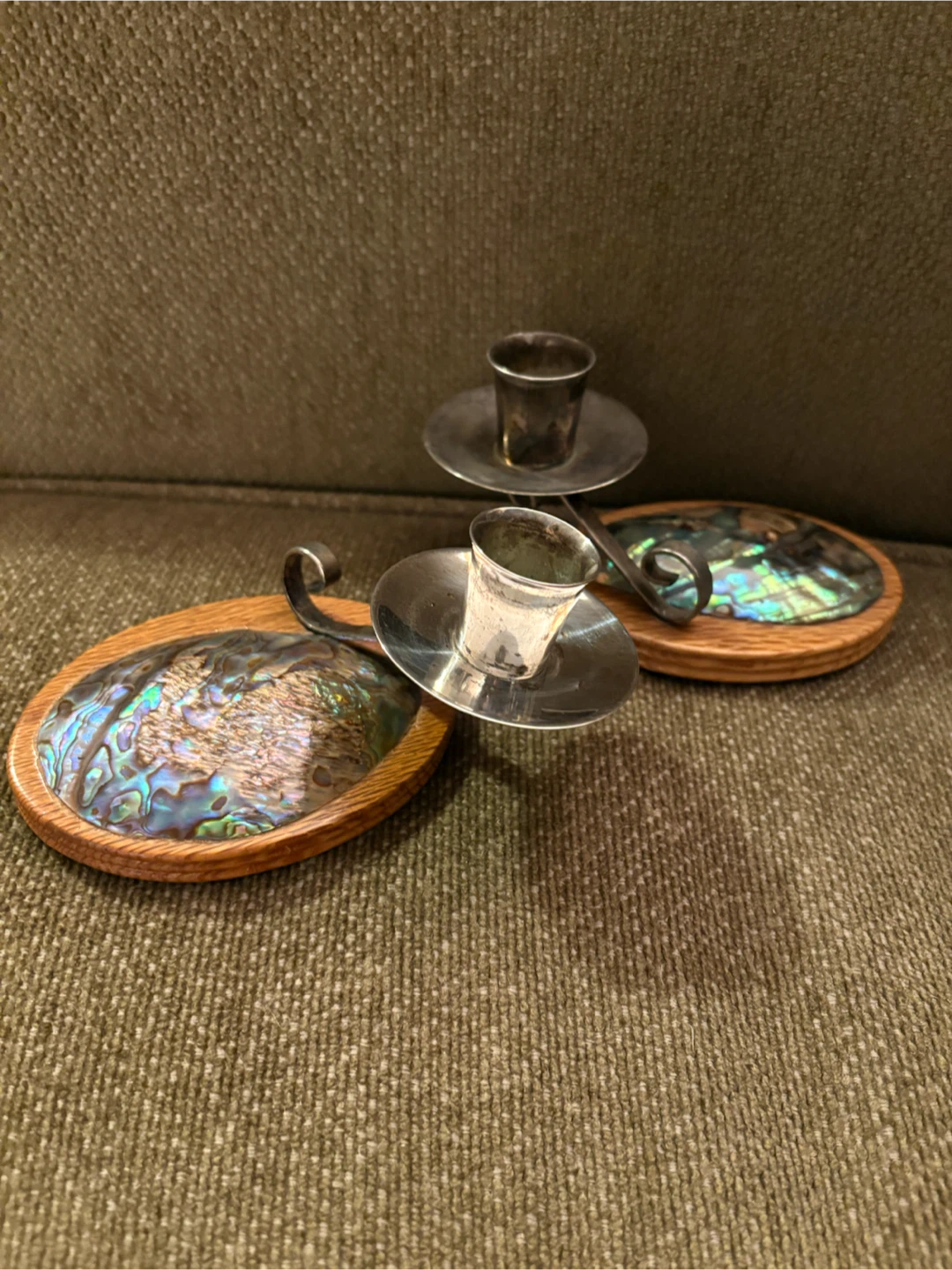 Vintage Abalone/silver  & Wood Candle Holders